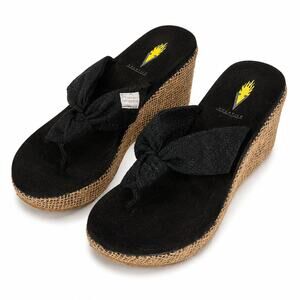 Volatile Black Bow Tulane Thong Wedge Espadrille Wedge Sandals Womens Sze 9 NWOT